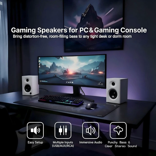 Alt view image 7 of 7 - Powered Computer Speakers for Desktop PC and Music, White Pair