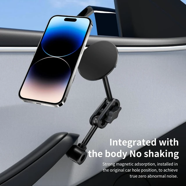 Alt view image 3 of 7 - Magnetic Door Phone Mount for Tesla Model 3/Y 2021-2026, MagSafe Compatible Aluminum Alloy Phone Holder, 4D Adjustable, Strong Magnets, Factory Hole Install, No Drill, Includes Metal Ring
