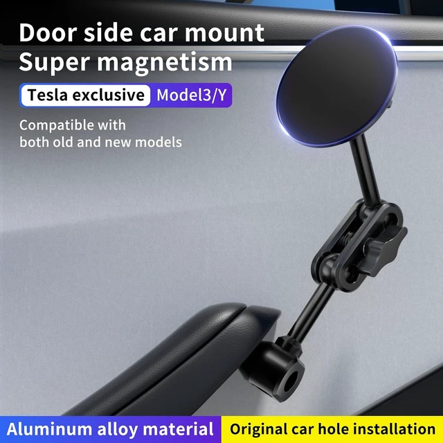 Alt view image 2 of 7 - Magnetic Door Phone Mount for Tesla Model 3/Y 2021-2026, MagSafe Compatible Aluminum Alloy Phone Holder, 4D Adjustable, Strong Magnets, Factory Hole Install, No Drill, Includes Metal Ring