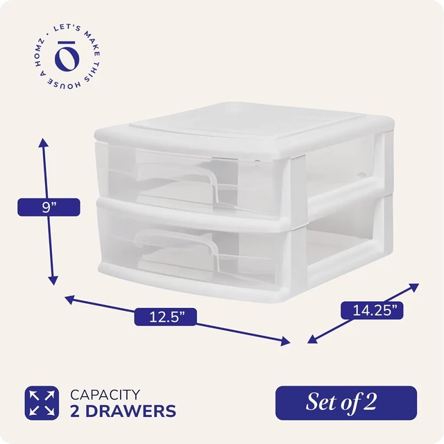 Alt view image 3 of 7 - 2 Drawer Storage Cart, Wide Plastic Container, White Frame, 2 Pack