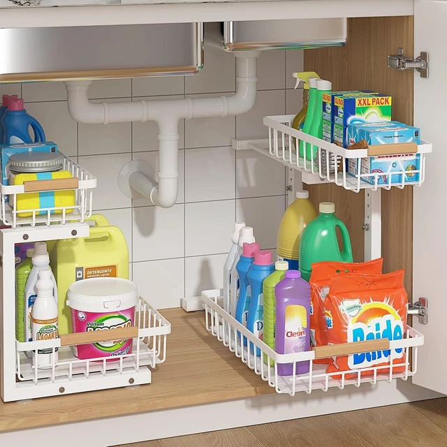 Main image of Under Sink Organizer 2 Packs, Pull Out Kitchen Sink Organizer, 2 Tier Slide Out Kitchen Organizers and Storage Bathroom Under Cabinet Storage Shelf, White