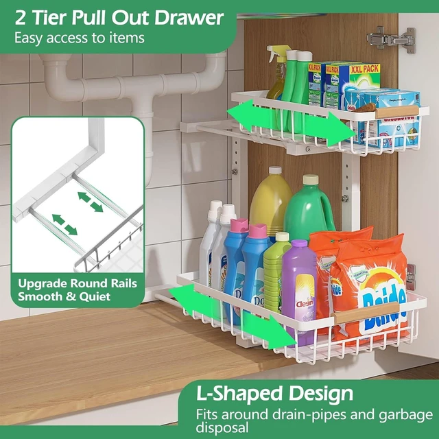 Alt view image 2 of 7 - Under Sink Organizer 2 Packs, Pull Out Kitchen Sink Organizer, 2 Tier Slide Out Kitchen Organizers and Storage Bathroom Under Cabinet Storage Shelf, White