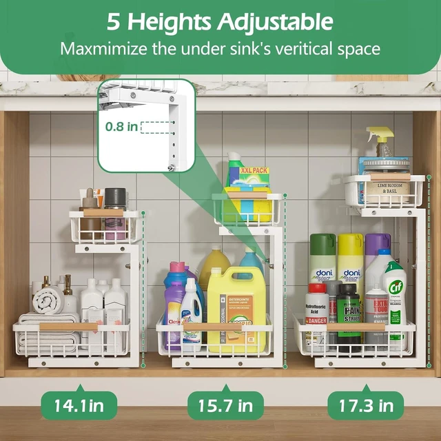 Alt view image 3 of 7 - Under Sink Organizer 2 Packs, Pull Out Kitchen Sink Organizer, 2 Tier Slide Out Kitchen Organizers and Storage Bathroom Under Cabinet Storage Shelf, White