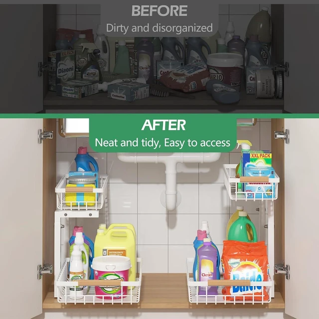 Alt view image 4 of 7 - Under Sink Organizer 2 Packs, Pull Out Kitchen Sink Organizer, 2 Tier Slide Out Kitchen Organizers and Storage Bathroom Under Cabinet Storage Shelf, White