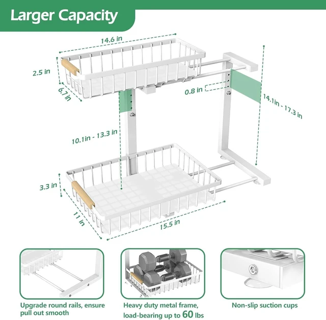 Alt view image 6 of 7 - Under Sink Organizer 2 Packs, Pull Out Kitchen Sink Organizer, 2 Tier Slide Out Kitchen Organizers and Storage Bathroom Under Cabinet Storage Shelf, White