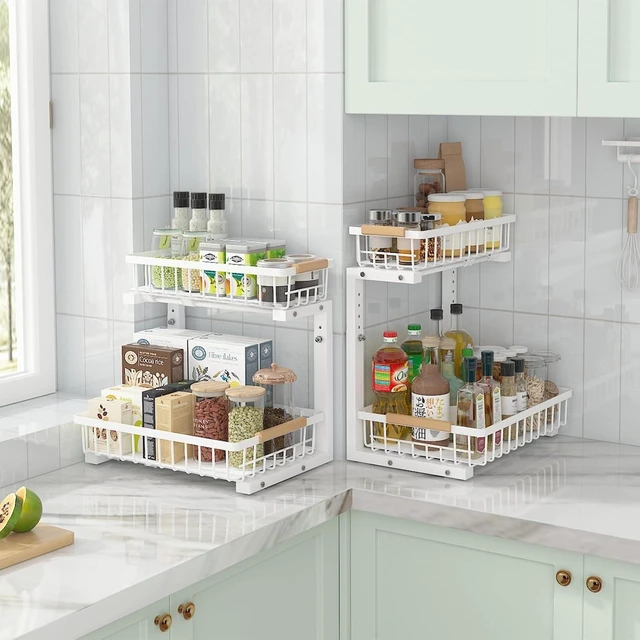 Alt view image 7 of 7 - Under Sink Organizer 2 Packs, Pull Out Kitchen Sink Organizer, 2 Tier Slide Out Kitchen Organizers and Storage Bathroom Under Cabinet Storage Shelf, White