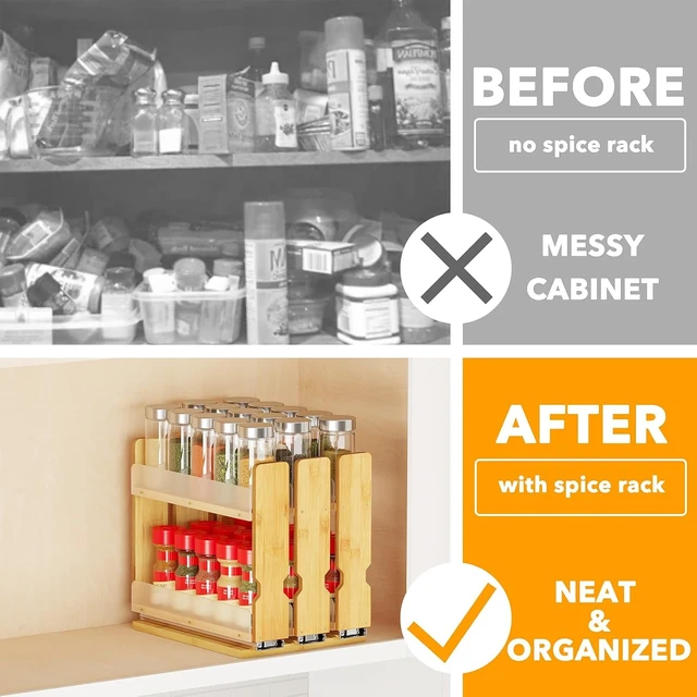 Alt view image 2 of 5 - Bamboo Pull Out Spice Rack Organizer for Cabinet, Heavy Duty Slide Out Seasoning Kitchen Pantry Sliding Vertical Organization, 7.6" Wide, 3 Drawers(2" Wide), 2-Tier, Natural