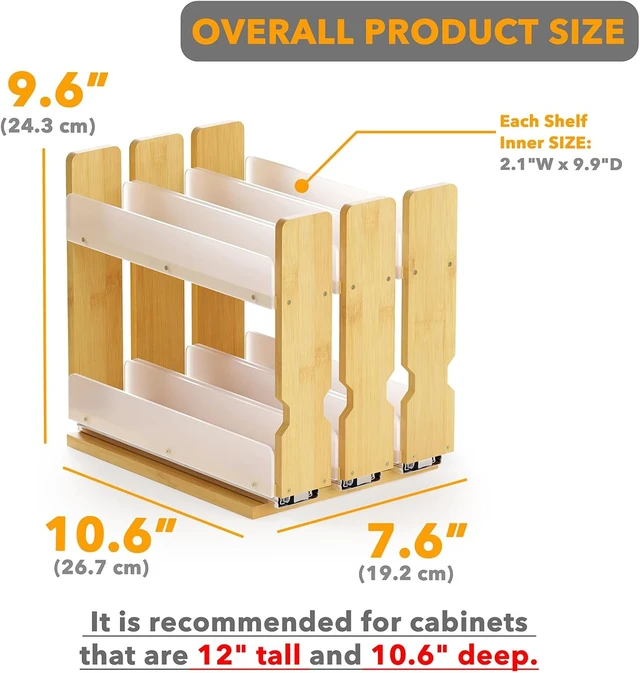 Alt view image 3 of 5 - Bamboo Pull Out Spice Rack Organizer for Cabinet, Heavy Duty Slide Out Seasoning Kitchen Pantry Sliding Vertical Organization, 7.6" Wide, 3 Drawers(2" Wide), 2-Tier, Natural