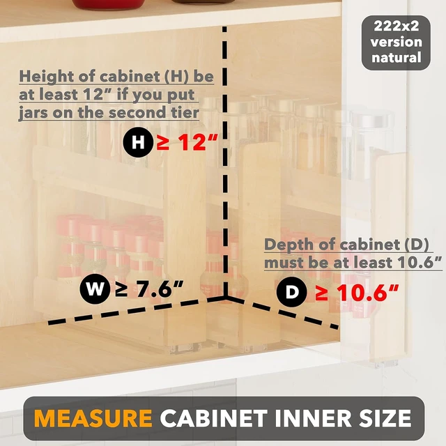 Alt view image 4 of 5 - Bamboo Pull Out Spice Rack Organizer for Cabinet, Heavy Duty Slide Out Seasoning Kitchen Pantry Sliding Vertical Organization, 7.6" Wide, 3 Drawers(2" Wide), 2-Tier, Natural