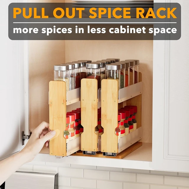 Alt view image 5 of 5 - Bamboo Pull Out Spice Rack Organizer for Cabinet, Heavy Duty Slide Out Seasoning Kitchen Pantry Sliding Vertical Organization, 7.6" Wide, 3 Drawers(2" Wide), 2-Tier, Natural