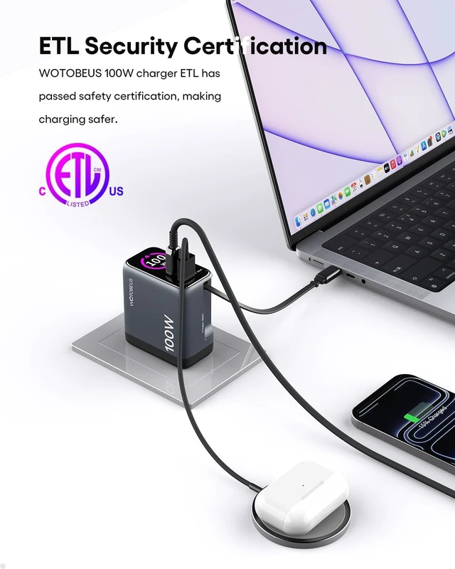 Alt view image 7 of 7 - GaN+ 100W PD Charger, Retractable USB C Charger with Smart Display & Touch Control, PD100W Wall Adapter, PPS 60W 45W Super Fast Charging for iPhone 17 16 MacBook Galaxy Pixel (Non-Battery)