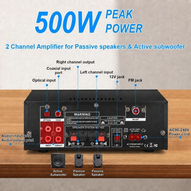Alt view image 3 of 7 - Romica AK55 Stereo Audio Amplifier, 2 Channel 500W Bluetooth 5.0 Home Audio Stereo Receivers with FM, Echo, AUX, USB, SD, MIC, Optical & Coaxial Inputs, AMP for Passive Speakers and Active subwoofer