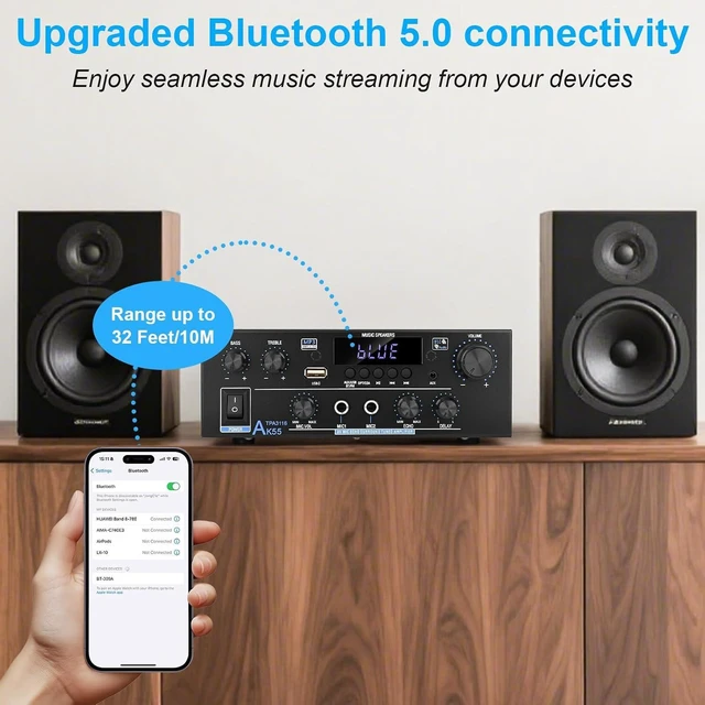 Alt view image 4 of 7 - Romica AK55 Stereo Audio Amplifier, 2 Channel 500W Bluetooth 5.0 Home Audio Stereo Receivers with FM, Echo, AUX, USB, SD, MIC, Optical & Coaxial Inputs, AMP for Passive Speakers and Active subwoofer