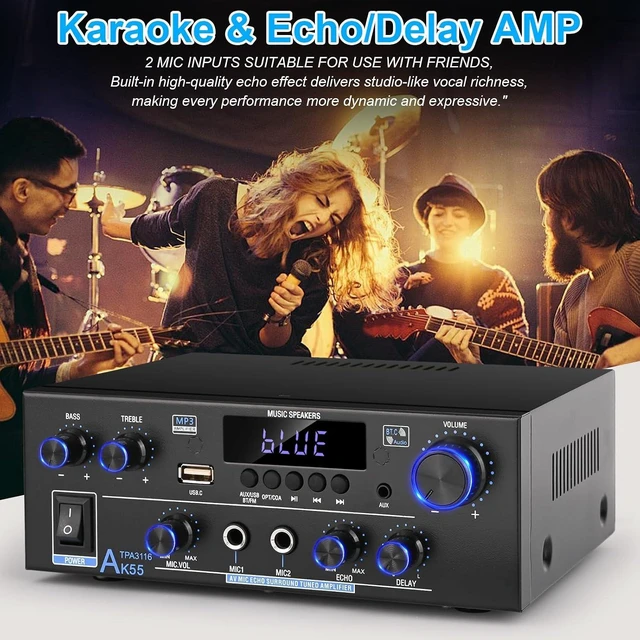 Alt view image 6 of 7 - Romica AK55 Stereo Audio Amplifier, 2 Channel 500W Bluetooth 5.0 Home Audio Stereo Receivers with FM, Echo, AUX, USB, SD, MIC, Optical & Coaxial Inputs, AMP for Passive Speakers and Active subwoofer