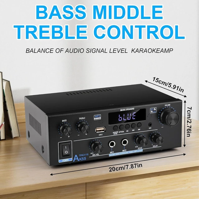 Alt view image 7 of 7 - Romica AK55 Stereo Audio Amplifier, 2 Channel 500W Bluetooth 5.0 Home Audio Stereo Receivers with FM, Echo, AUX, USB, SD, MIC, Optical & Coaxial Inputs, AMP for Passive Speakers and Active subwoofer