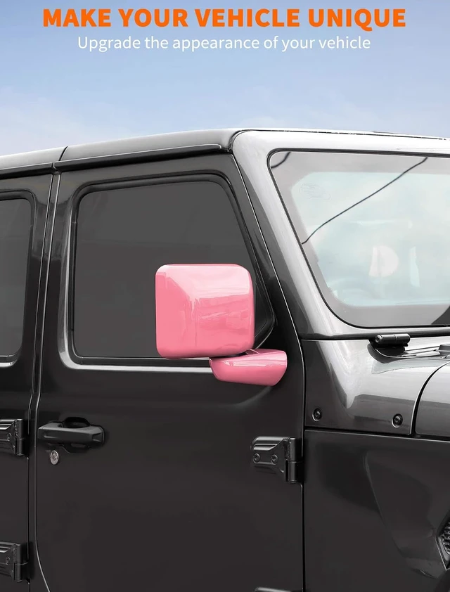 Alt view image 2 of 7 - 2-Piece Pink Side Mirror Cover Trim Set for Jeep Wrangler JL JLU 4xe & Gladiator JT 2018-Present Fits Mirrors Without Puddle Lights, Exterior Styling Accessories