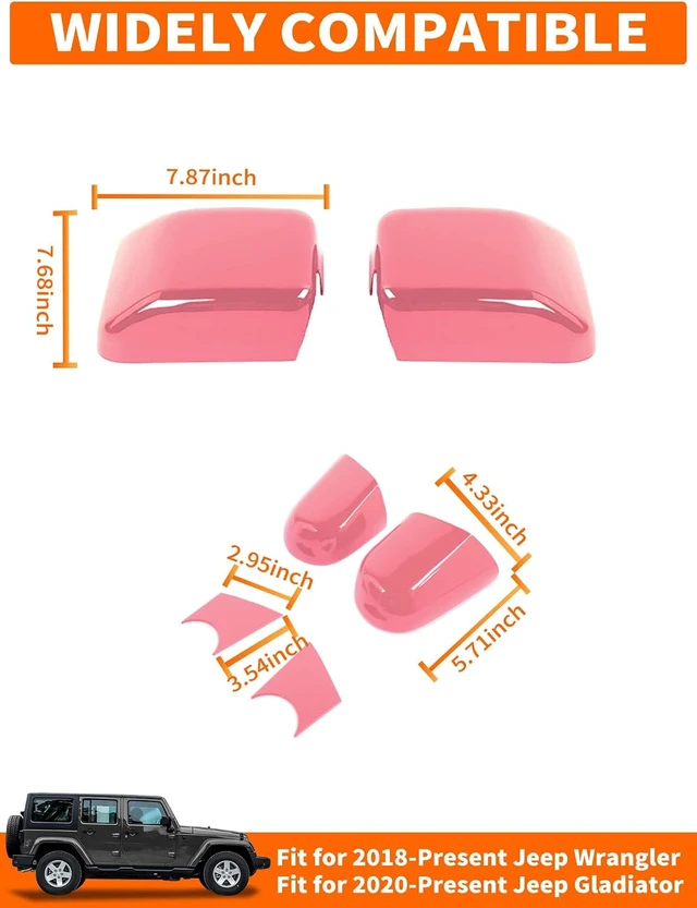 Alt view image 6 of 7 - 2-Piece Pink Side Mirror Cover Trim Set for Jeep Wrangler JL JLU 4xe & Gladiator JT 2018-Present Fits Mirrors Without Puddle Lights, Exterior Styling Accessories