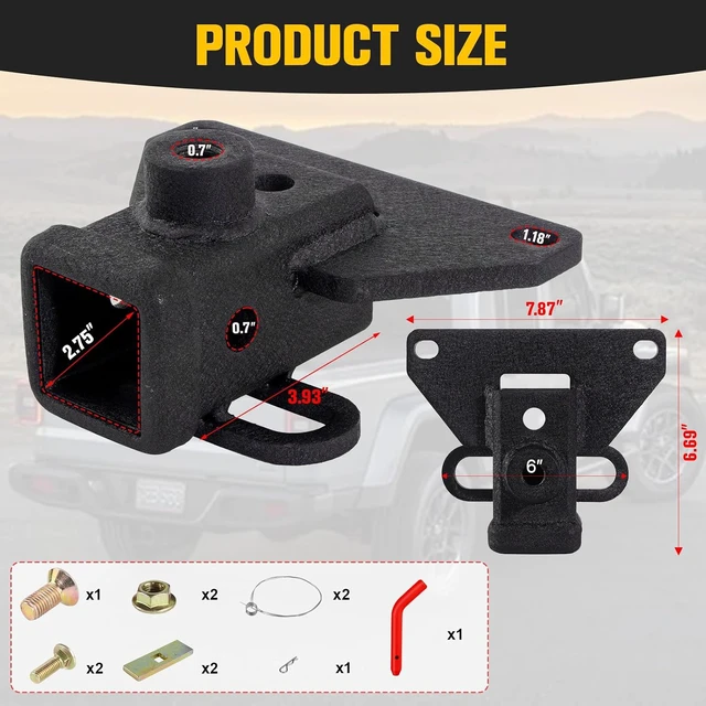 Alt view image 2 of 7 - 2" Class 3 Trailer Hitch Receiver for Jeep Gladiator 2020-2025 (Red)