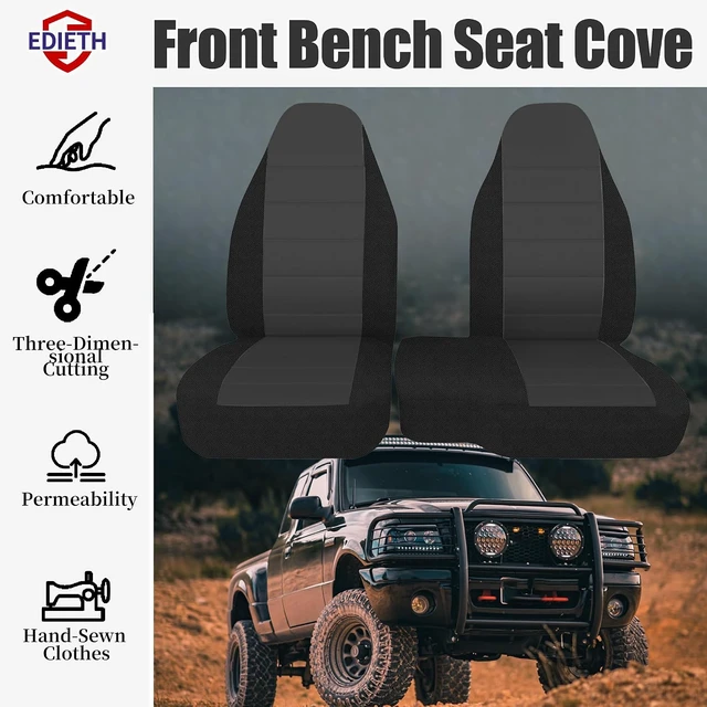 Alt view image 2 of 7 - 2Pcs Front 60/40 Cloth High Back Bench Seat Cover for Ford Ranger XLT & Mazda B-Series 1998 1999 2000 2001 2002 2003-Without Console Cover-Black