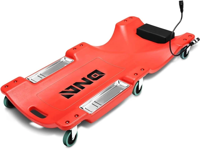 Main image of 40 Inch Low Profile Plastic Rolling Garage Shop Floor Creeper with LED Light, Padded Headrest, Dual Tool Trays, Casters, Red, TOOLS-00389
