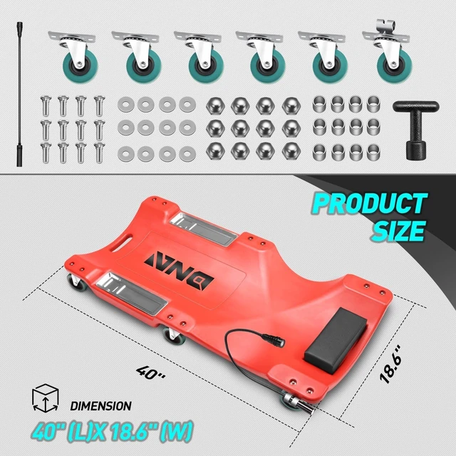 Alt view image 2 of 7 - 40 Inch Low Profile Plastic Rolling Garage Shop Floor Creeper with LED Light, Padded Headrest, Dual Tool Trays, Casters, Red, TOOLS-00389