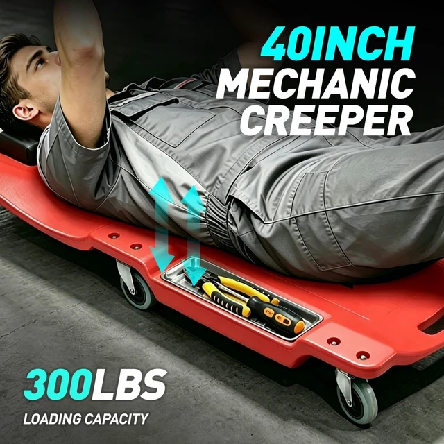 Alt view image 3 of 7 - 40 Inch Low Profile Plastic Rolling Garage Shop Floor Creeper with LED Light, Padded Headrest, Dual Tool Trays, Casters, Red, TOOLS-00389