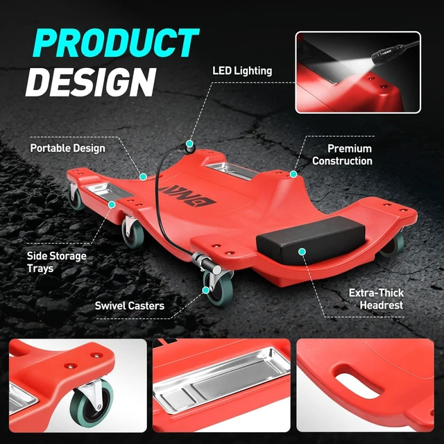 Alt view image 4 of 7 - 40 Inch Low Profile Plastic Rolling Garage Shop Floor Creeper with LED Light, Padded Headrest, Dual Tool Trays, Casters, Red, TOOLS-00389