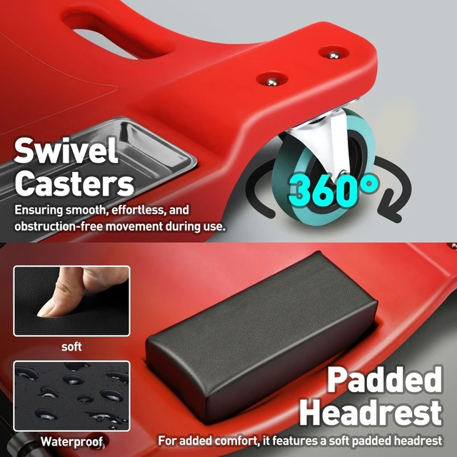 Alt view image 5 of 7 - 40 Inch Low Profile Plastic Rolling Garage Shop Floor Creeper with LED Light, Padded Headrest, Dual Tool Trays, Casters, Red, TOOLS-00389