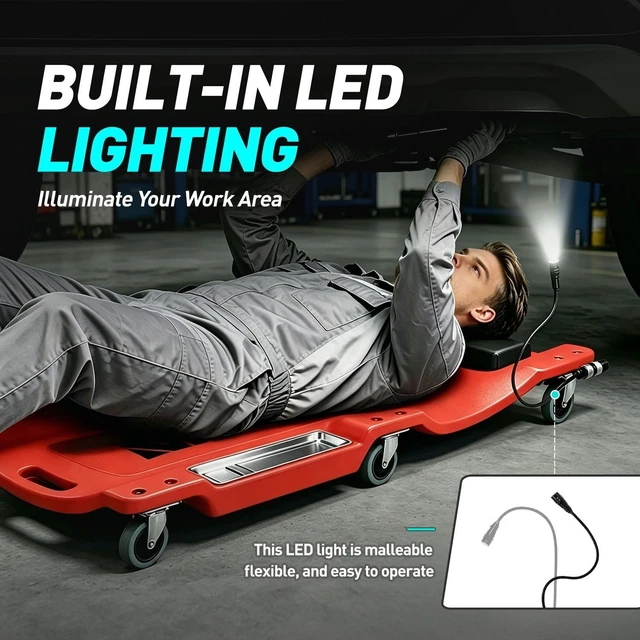 Alt view image 6 of 7 - 40 Inch Low Profile Plastic Rolling Garage Shop Floor Creeper with LED Light, Padded Headrest, Dual Tool Trays, Casters, Red, TOOLS-00389