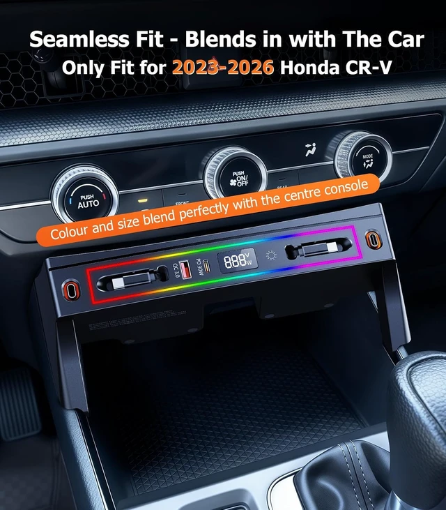 Alt view image 2 of 7 - for Honda CRV Car Charger USB Hub with RGB Light, 4-Port Retractable Cable Docking Station for Honda CR-V Accessories 2026 2025 2024 2023, Center Console Phone Fast Charger Hub Voltage Display