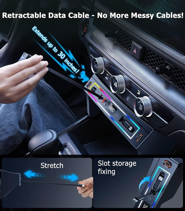Alt view image 3 of 7 - for Honda CRV Car Charger USB Hub with RGB Light, 4-Port Retractable Cable Docking Station for Honda CR-V Accessories 2026 2025 2024 2023, Center Console Phone Fast Charger Hub Voltage Display