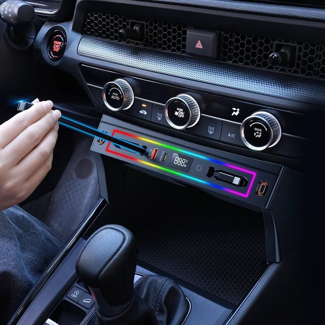 Main image of for Honda CRV Car Charger USB Hub with RGB Light, 4-Port Retractable Cable Docking Station for Honda CR-V Accessories 2026 2025 2024 2023, Center Console Phone Fast Charger Hub Voltage Display
