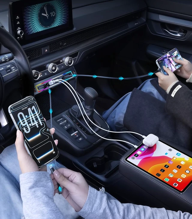 Alt view image 5 of 7 - for Honda CRV Car Charger USB Hub with RGB Light, 4-Port Retractable Cable Docking Station for Honda CR-V Accessories 2026 2025 2024 2023, Center Console Phone Fast Charger Hub Voltage Display