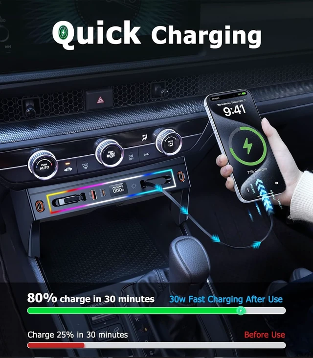 Alt view image 6 of 7 - for Honda CRV Car Charger USB Hub with RGB Light, 4-Port Retractable Cable Docking Station for Honda CR-V Accessories 2026 2025 2024 2023, Center Console Phone Fast Charger Hub Voltage Display