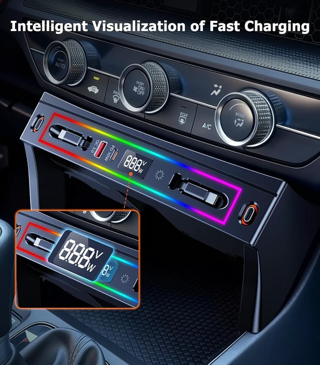 Alt view image 7 of 7 - for Honda CRV Car Charger USB Hub with RGB Light, 4-Port Retractable Cable Docking Station for Honda CR-V Accessories 2026 2025 2024 2023, Center Console Phone Fast Charger Hub Voltage Display