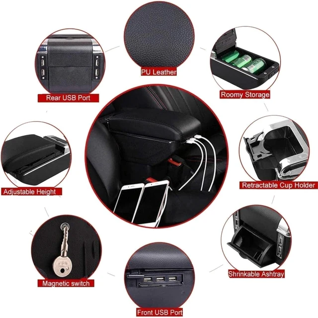 Alt view image 6 of 7 - Armrest Box for Kia Rio 2012-2016 Double Layer Front Center Console Black Leather with Charging 7 USB Ports