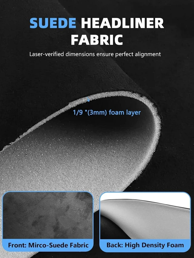 Alt view image 2 of 7 - Black Suede Headliner Fabric - 96" L × 60" W Auto Head Liners, Fabric Tube Packaging with Foam Backing for Cars, Trucks, SUVs, RVs, Boats - Home Repair/DIY Headliner Material
