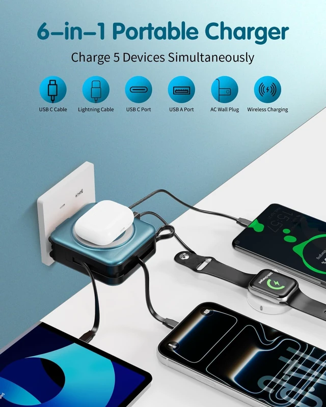 Alt view image 4 of 7 - 10000mAh for Magsafe Portable Charger Built-in Cables & AC Wall Plug,Blue