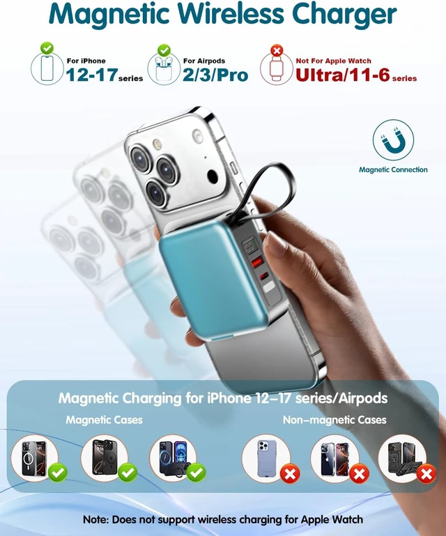 Alt view image 5 of 7 - 10000mAh for Magsafe Portable Charger Built-in Cables & AC Wall Plug,Blue