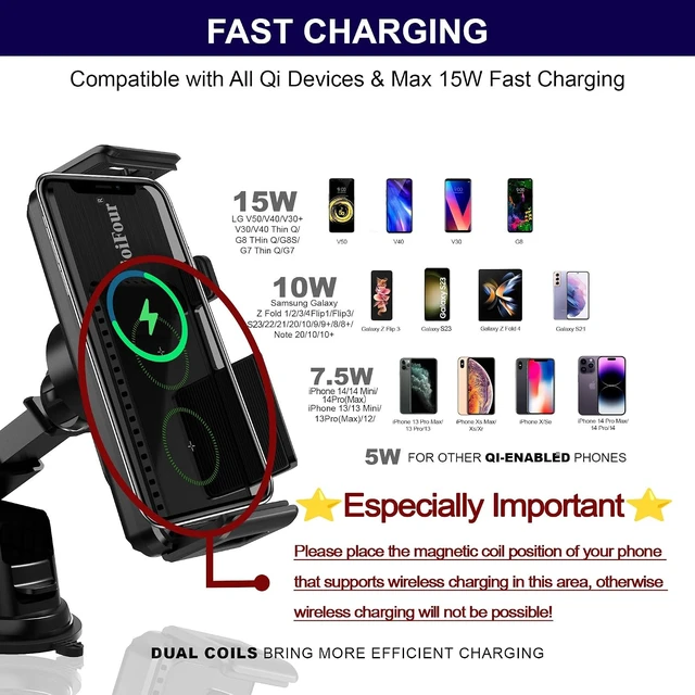 Alt view image 4 of 7 - 15W Qi Wireless Car Charger Auto-Rotating Dual Coils Fast Charging Vent/Dashboard Phone Mount Holder for Galaxy Z Fold 8u/7/6/S24, iPhone 17/16/15/14 Pro Max, Google Pixel 8/7 Pro (L)