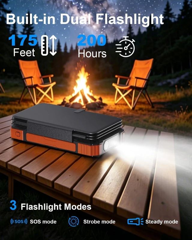 Alt view image 4 of 7 - Solar Charger Power Bank 49800mAh with 4 Built-in Cables & 4 Foldable Panels, 22.5W Fast Portable Phone Charger, External Battery Pack with USB-C in/Output & Flashlight for Outdoor Camping