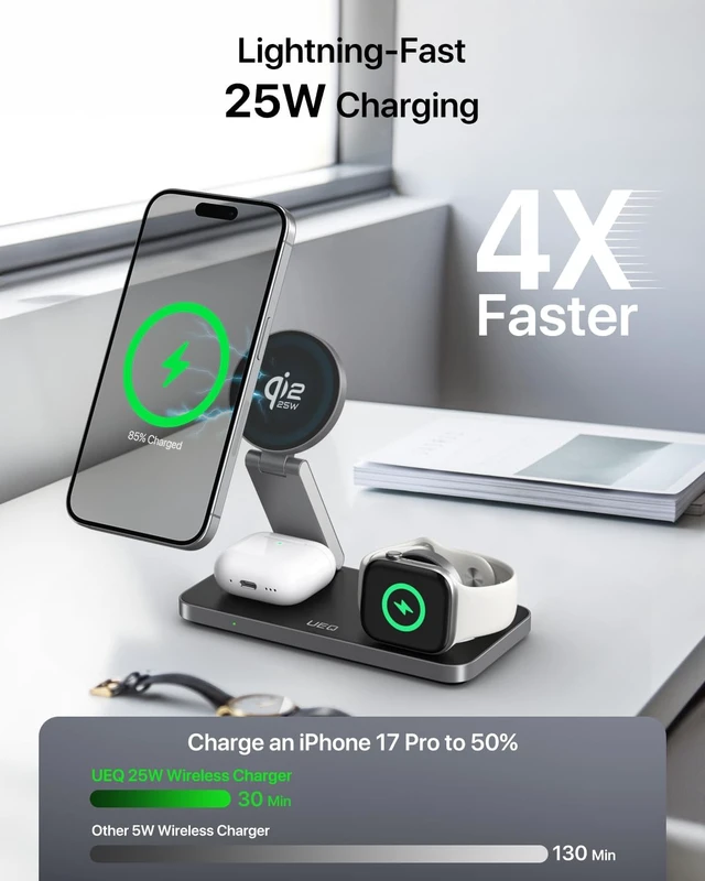 Alt view image 2 of 7 - 3-in-1 Charging Station for Devices,QI2.2 25W Ultra-Fast Magnetic Wireless Charger Stand,Compatible with MagSafe,Foldable Travel Charger for iPhone Air/17/16/15/14/13/12, Watch,AirPods