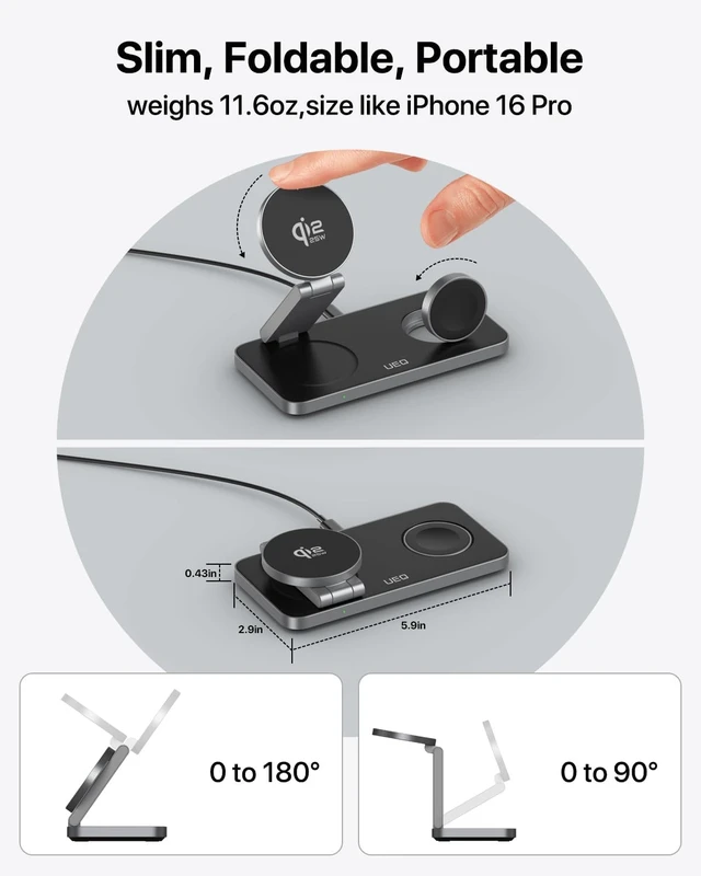 Alt view image 4 of 7 - 3-in-1 Charging Station for Devices,QI2.2 25W Ultra-Fast Magnetic Wireless Charger Stand,Compatible with MagSafe,Foldable Travel Charger for iPhone Air/17/16/15/14/13/12, Watch,AirPods