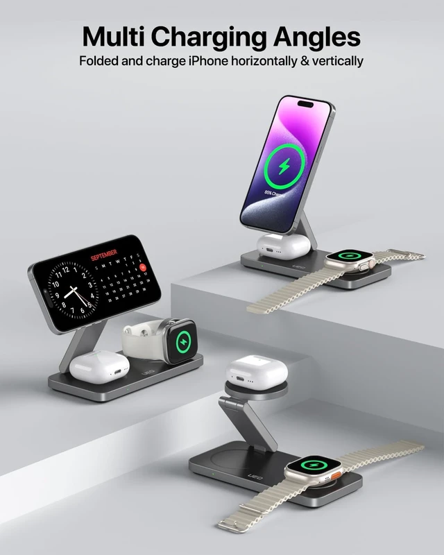Alt view image 7 of 7 - 3-in-1 Charging Station for Devices,QI2.2 25W Ultra-Fast Magnetic Wireless Charger Stand,Compatible with MagSafe,Foldable Travel Charger for iPhone Air/17/16/15/14/13/12, Watch,AirPods