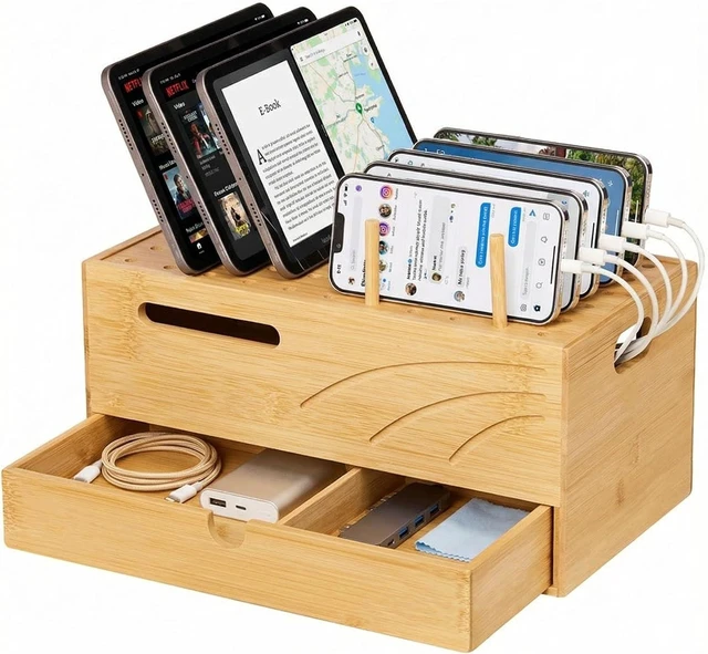 Main image of Office Charging Station Organizer: 2 Layer Charger Holder (Natural)
