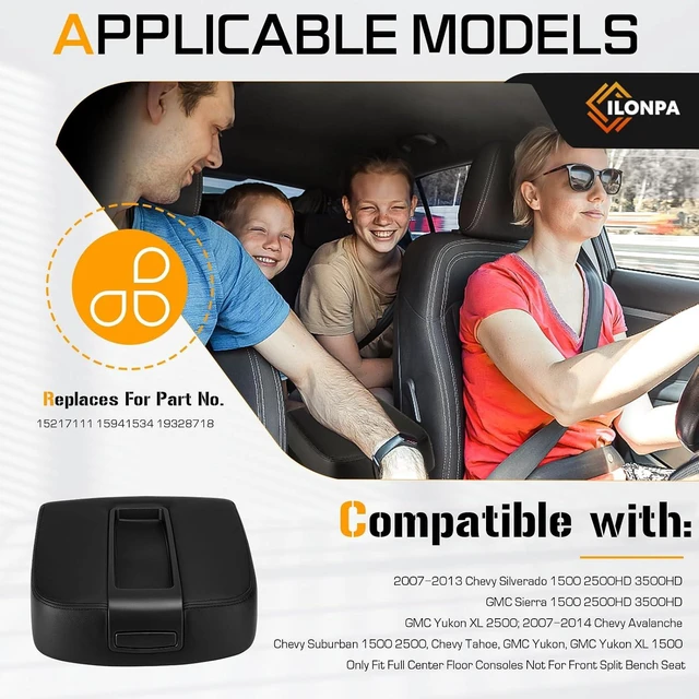 Alt view image 3 of 7 - Upgrade Black Center Console Armrest Lid Box Cover Fits for 2007-2014 Chevy Silverado Avalanche Tahoe Suburban, GMC Sierra Yukon XL Replace for 15217111 15941534 19328718, Easy Installation