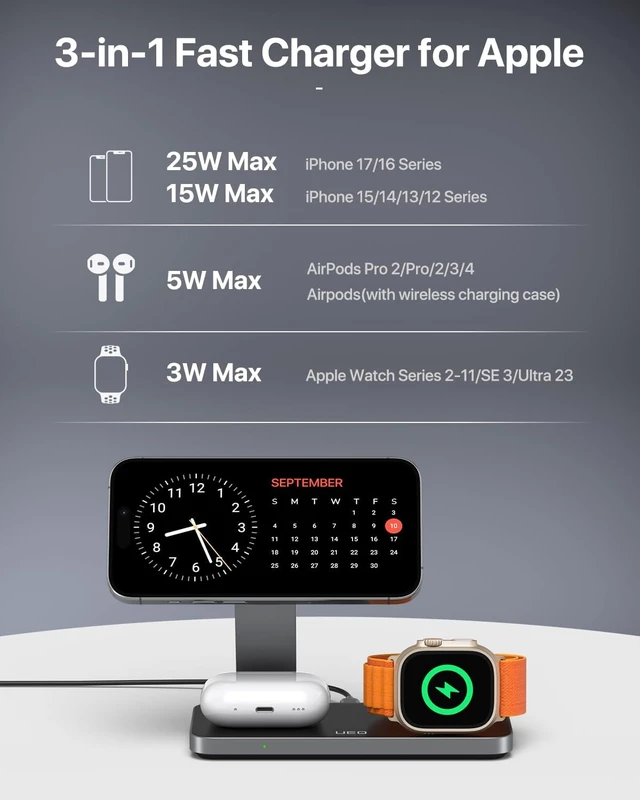 Alt view image 5 of 7 - 3-in-1 Charging Station for Devices,QI2.2 25W Ultra-Fast Magnetic Wireless Charger Stand,Compatible with MagSafe,Foldable Travel Charger for iPhone Air/17/16/15/14/13/12, Watch,AirPods