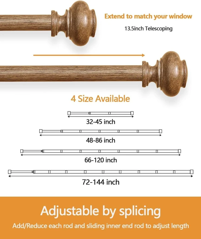 Alt view image 2 of 7 - Wood Curtain Rods for Windows 32 to 45 Inch 2 Pack, 1 Inch Heavy Duty Boho Curtain Rods Adjustable Drapery Rod Decorative Window Rod for Farmhouse Kitchen Bedroom Living Room