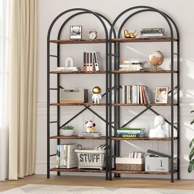 Alt view image 3 of 7 - Arched 5 Tier Bookshelf, Brown Open Storage Bookcase