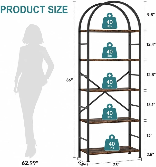 Alt view image 2 of 7 - Arched 5 Tier Bookshelf, Brown Open Storage Bookcase